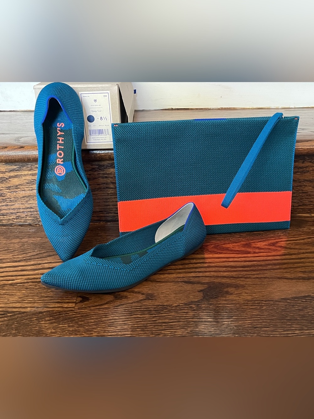 Rothy's Deep Teal Knit Ballet Flat and Large Wrist Clutch
